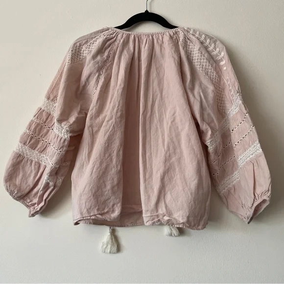 Mango Embroidered Linen Cotton Blouse Balloon  Sleeve washed pink sz med/6 - Picture 12 of 13